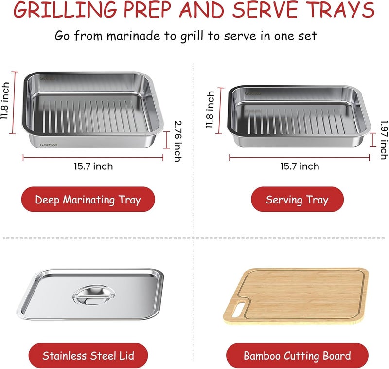 Geesta Grilling Prep and Serve Tays, Stainless Steel Large Capacity Food Prep Tray, Grill Carry System, Marinade Container with Lid and Cutting Board,BBQ Grill Accessories, Grilling Gifts for Men - Image 2